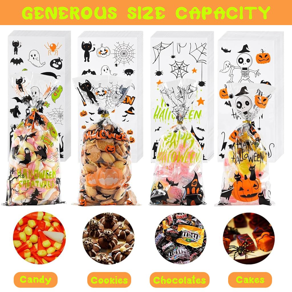 HASTHIP Halloween Goodie Bags for Party Treats featuring 100 Pack 5.1×10.6 in Size with Golden Twist Ties