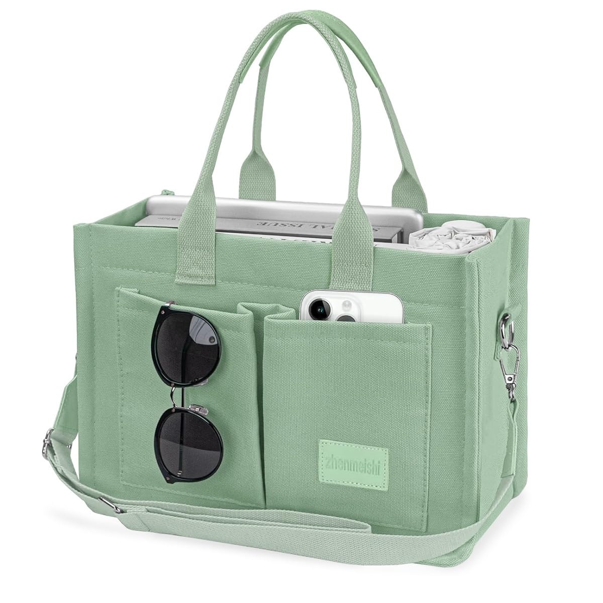 PALAY Casual Tote Bag for Women Multi Pockets Canvas Hand Bag with Removable Shoulder Strap Crossbody Tote Bag Chic Mint Green Canvas Day Bag Tote Bag for Commuting