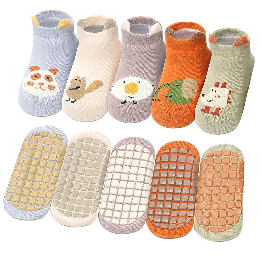 SNOWIE SOFT® 5 Pairs Baby Socks Set, Antislip Socks for New Born Baby 1-3 Years, Non Slip Grip Ankle Socks with Non Skid Soles for Infants Socks for Toddler Girls Boys 12-36 Month Baby Shower Gifts