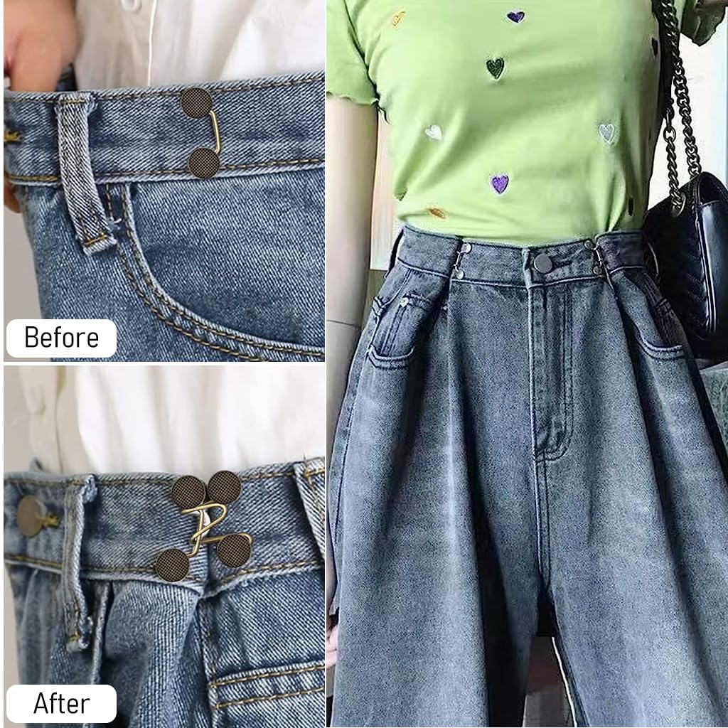 SANNIDHI Jeans Button Set for Instant Waist Adjustment with 4 Reusable Metal Buckles | No Sewing Clips for Pants and Skirts