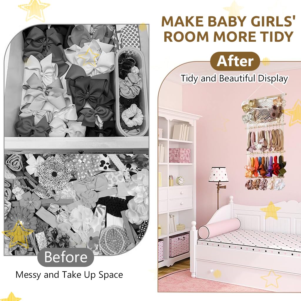 SNOWIE SOFT Wall Hanging Hair Accessories Organizer with 30 Hooks and Wooden Frame | Space-Saving Storage for Clips Headbands and Scarves