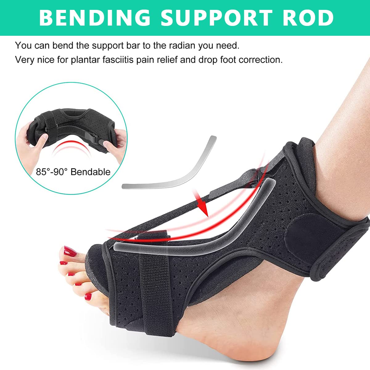 HANNEA Plantar Fasciitis Splint for Day and Night Pain Relief with 70°–90° Flexible Alloy Support | Includes Massage Ball and 2 Arch Pads