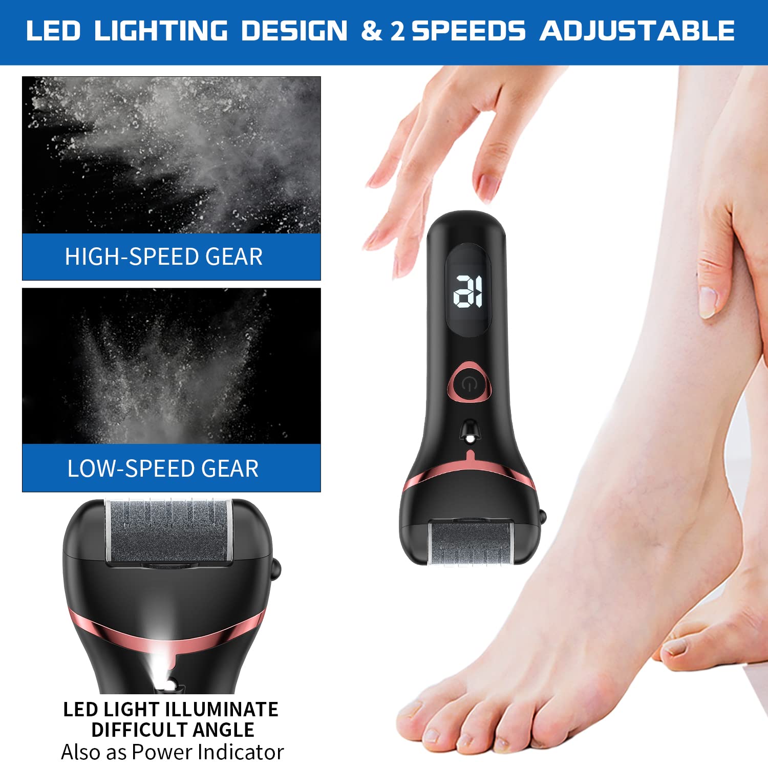 HANNEA Electric Callus Remover for Foot Care with 3 Rollers and LED Light | USB Rechargeable
