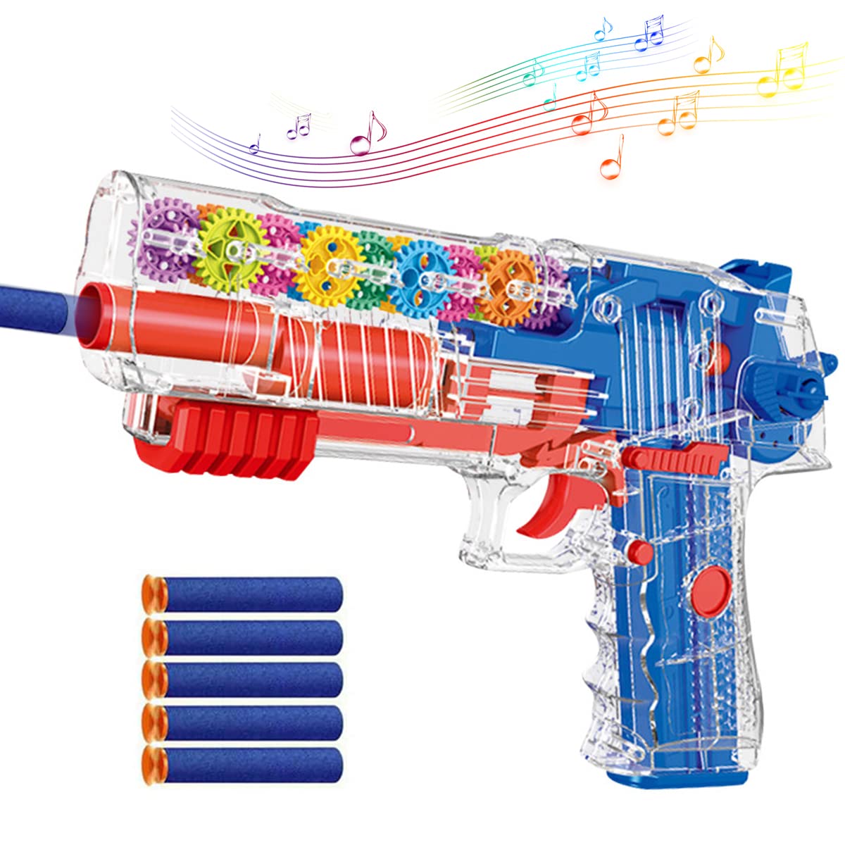 PATPAT® Musical Toys for Kids,Transparent 3D Gear Simulation Mechanical Gun Toys with 5pcs Soft Ammunition,LED Flashing Lights and Sound Toys for Kids Boys Girls,Birthday Christmas Gift - Blue