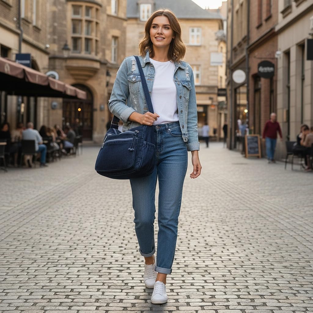 Zibuyu Womens Denim Tote Bag for Travel and Work with Adjustable Strap | Light Blue Canvas Purse