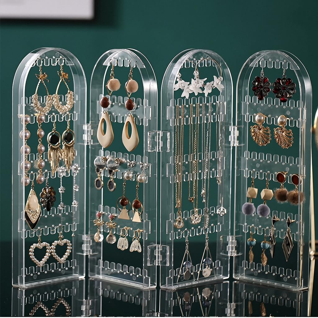 HASTHIP Earrings Display Stand for Desk with 4 Panel Folding Structure and Clear Design | Portable Jewelry Organizer