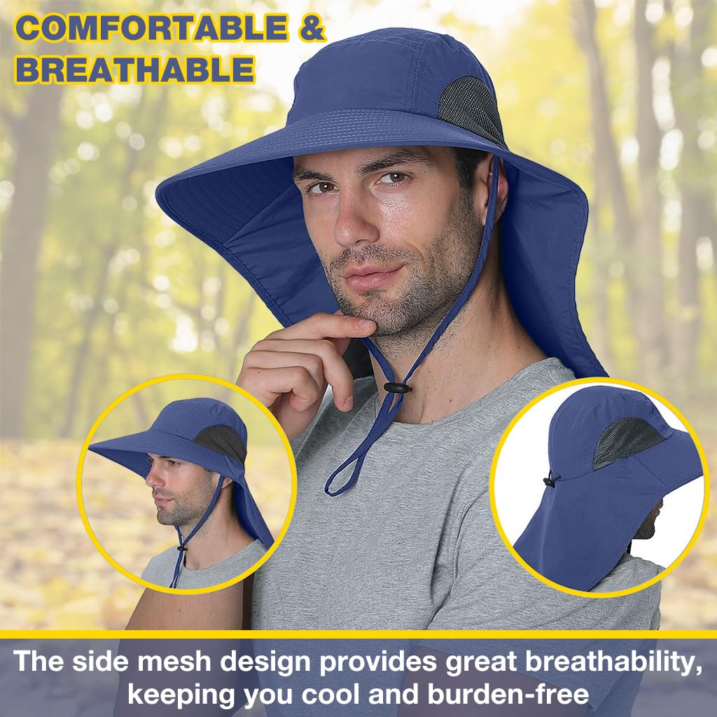 GUSTAVE Sun Hat for Men Fashion Wide Brim Hat UPF 50+ Sun Hats Men Neck Flap Design & Adjustable Windproof Chin Strap Sun Hat Unisex Sun Hat Breathable Sun Hat for Hiking, Fishing, Gardening, Navy