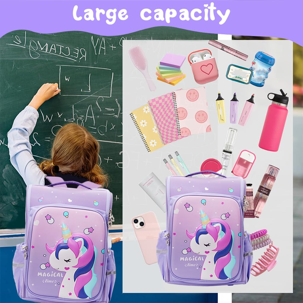 PALAY® School Backpack for Girls Cartoon Unicorn School Backpack for Girls Double Layer Waterproof Primary Students Backpack Burden-relief School Backpack for Girls 6-8 Years Old Birthday Gift