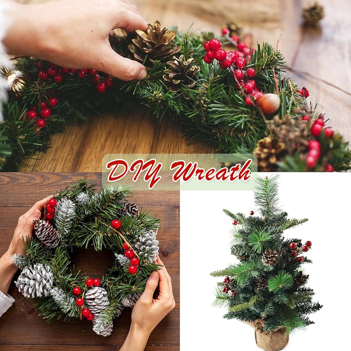 HASTHIP Christmas Tree Ornaments for DIY Decoration with 60Pcs Pine and Red Berry Set