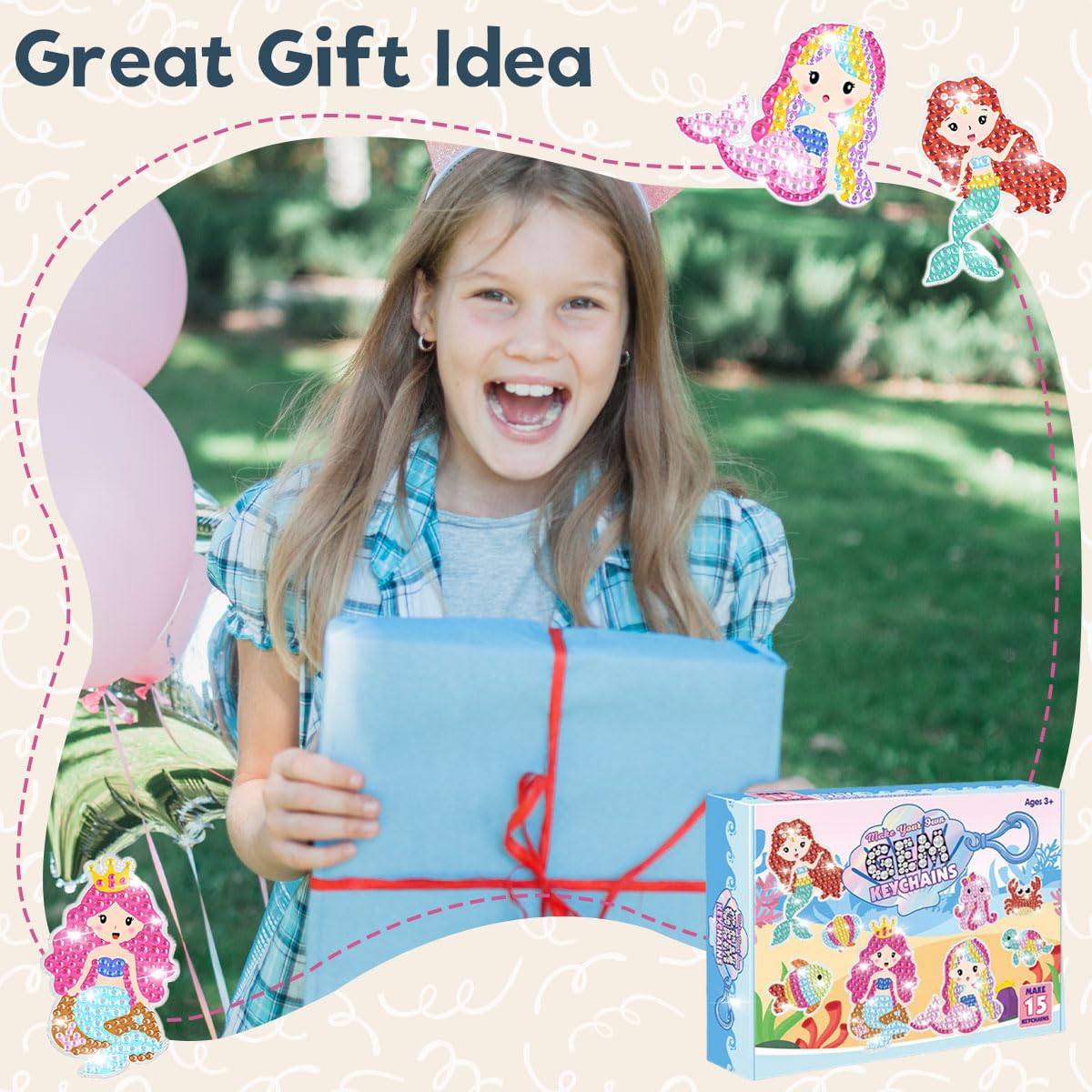 PATPAT DIY Diamond Art Keychain Kit for Kids with 15 Cartoon Mermaid Designs | Complete Craft Set