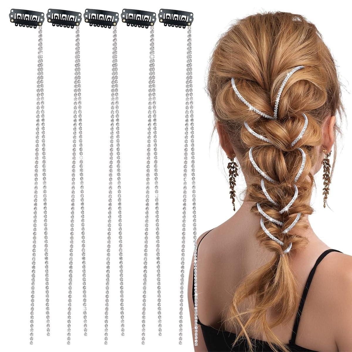 MAYCREATE Rhinestone Hair Clip Chains for Women featuring 20 in Tassel Silver Braids | 5Pcs