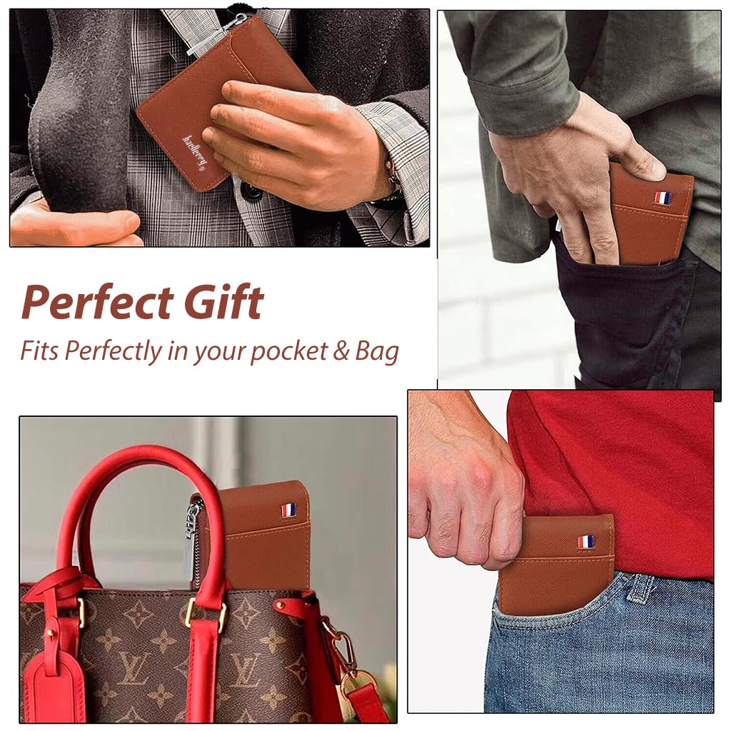 ZIBUYU Mens Wallet with 9 Card Slots and Zipper Coin Purse featuring PU Leather Brown Design | Ideal for Business or Birthday Gift