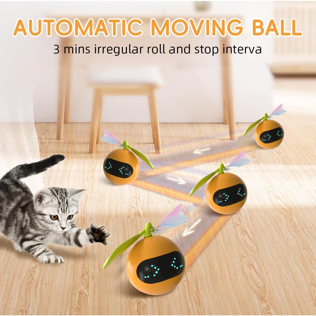 Qpets Smart Electric Cat Teaser Ball Toy with LED Light and Feather Tail for Indoor Cats
