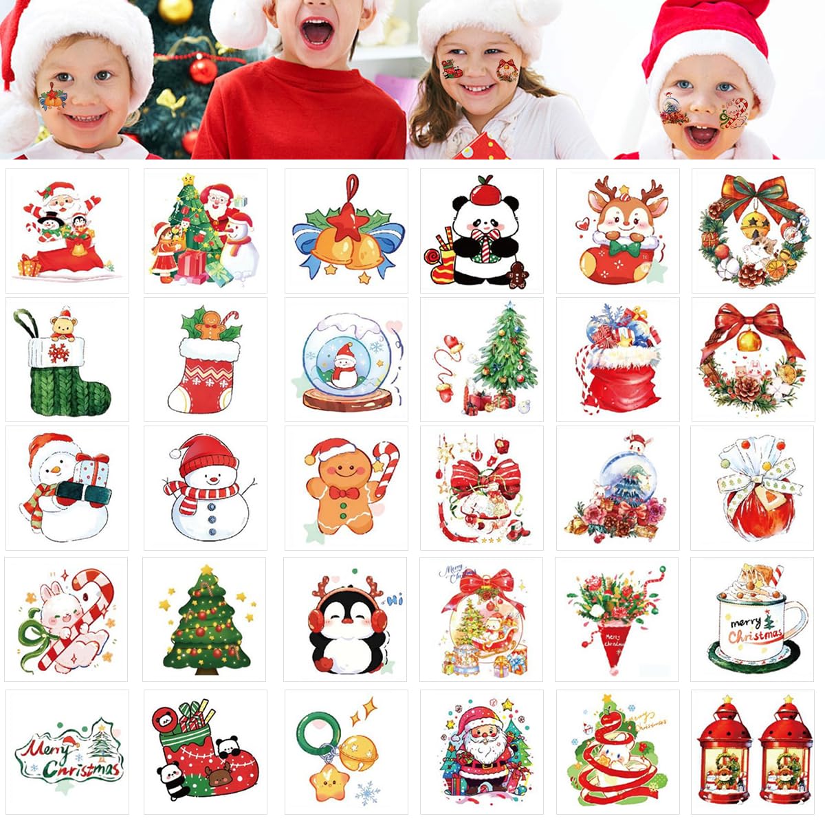 MAYCREATE Christmas Temporary Tattoo Stickers for Kids and Adults featuring 30 Sheets | Waterproof and Easy to Remove Festive Body Art