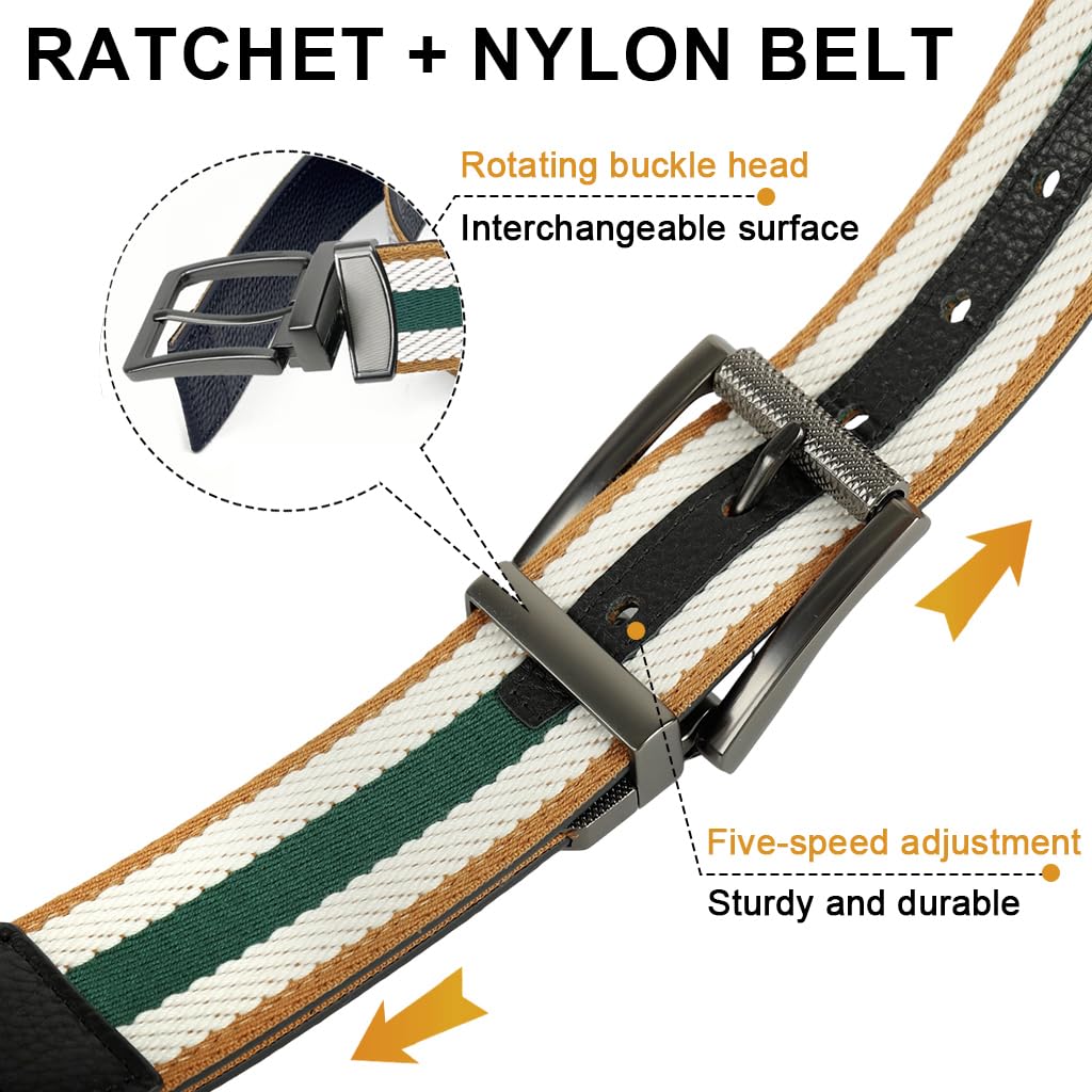 GUSTAVE Reversible Belt for Men featuring Alloy Buckle and 120cm Adjustable Length | Dual Sided PU Leather and Striped Design