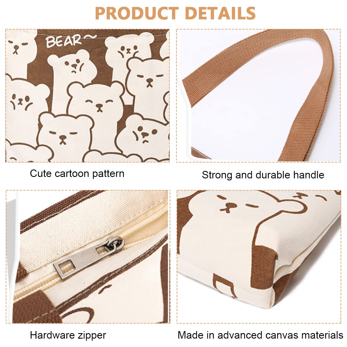 Venzina Tote Bag for Women with 40×35×6cm Capacity featuring Double Lining Canvas | Cute Cartoon Bear Print for Shopping and Daily Use