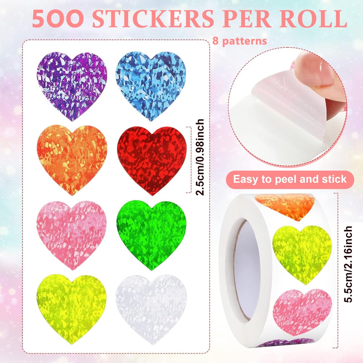 HASTHIP® 500pcs Glitter Heart Sticker Color Heart-Shaped Sticker 8-Color 1 inch Heart Sticker Reward Sticker Self Adhesive Heart Stickers for Decoration, Kids, Kindergarten Rewarding Chart, 1 Roll