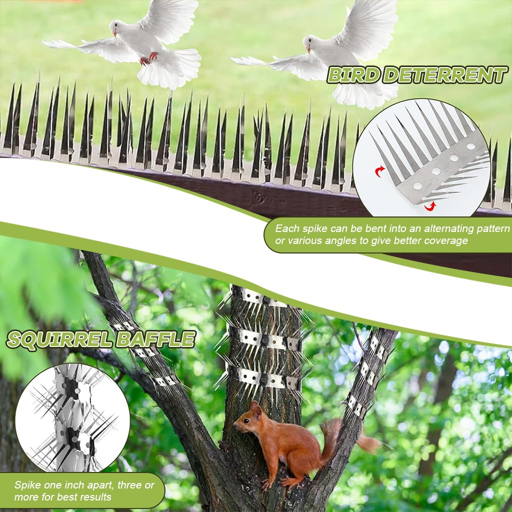 HASTHIP Pigeon Spikes for Outdoor Animal Control featuring Dual Row 48mm Spikes | Stainless Steel 3.3ft Strips with Gloves and Cable Tie