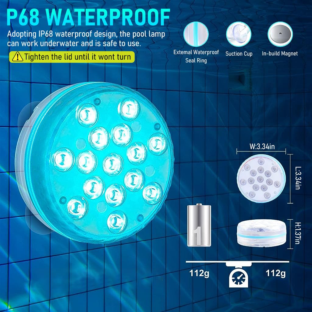 Qpets LED Pool Light for Aquarium and Fish Tank with 15 LED Beads and 4 Suction Cups | Remote Control Timer IP68 Submersible