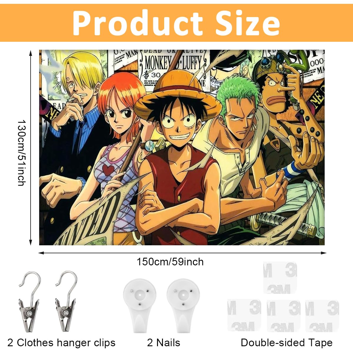 HASTHIP Anime Tapestry for Bedroom and Living Room featuring Monkey D Luffy Group | 51x59 in Polyester Wall Decor with Installation Accessories