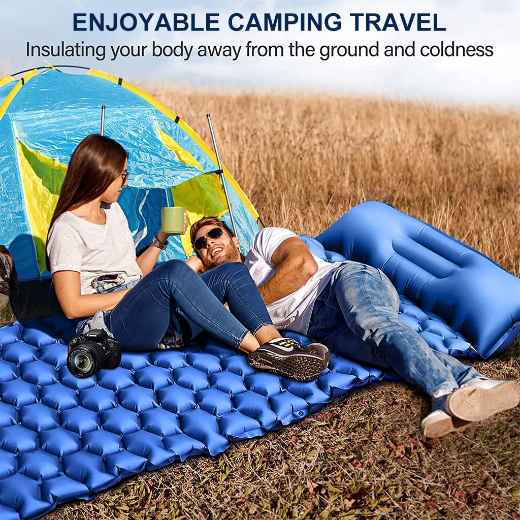 [Second-hand]Proberos@ Air Mattress with Pillow and Built-in Foot Pump, Portable Folding Camping Sleeping Bed Inflatable Mattress for Camping Backpacking Hiking Traveling Tent Car, Camping Accessories (Blue)