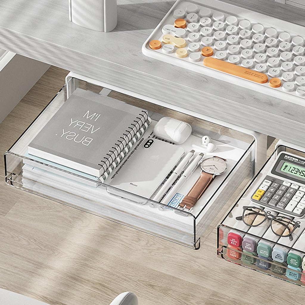 OFIFO Under Desk Drawer Organizer for Office Storage with Smooth Sliding Pull Out 7.8x12.2x3.3 in | Transparent PET Design