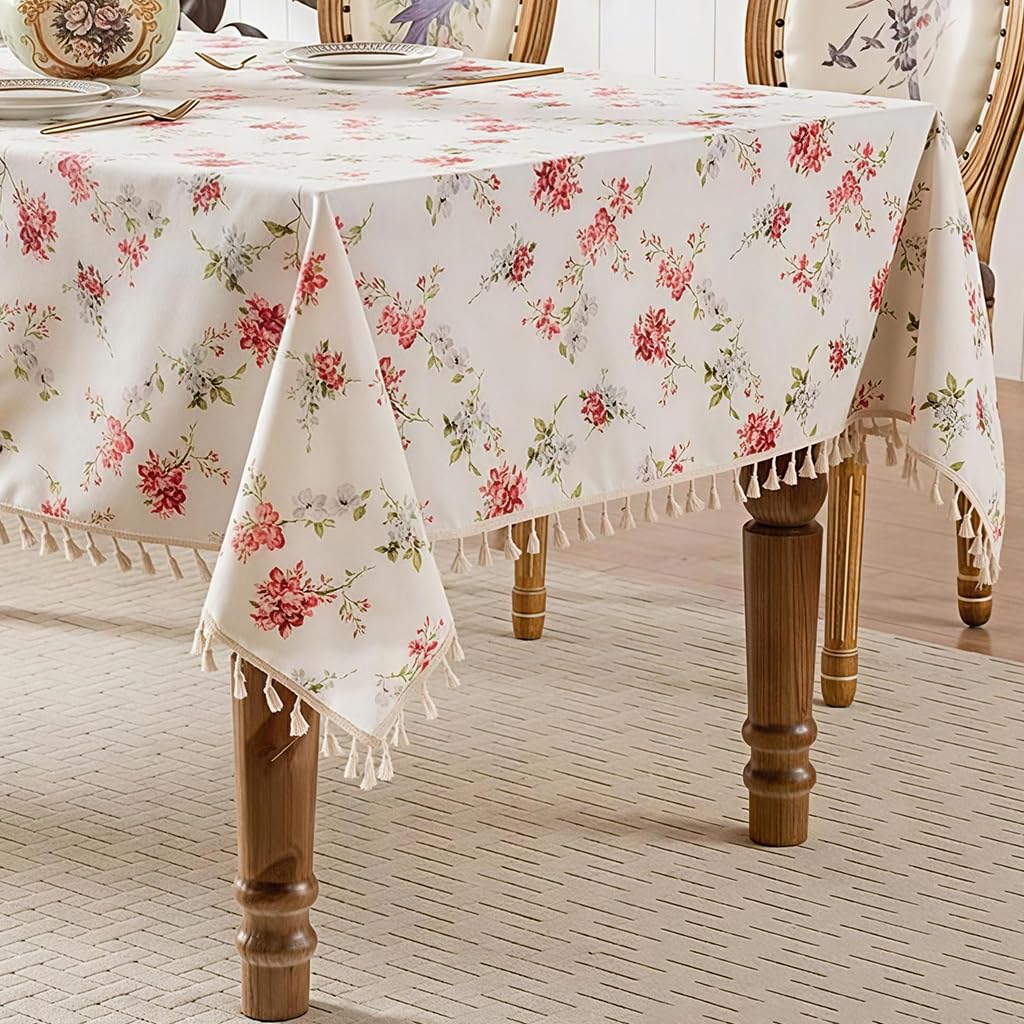 HASTHIP Dining Tablecloth for 4 to 6 Seater Tables featuring Tassels and Water‑Resistant Linen Blend in Red | 140x200 cm