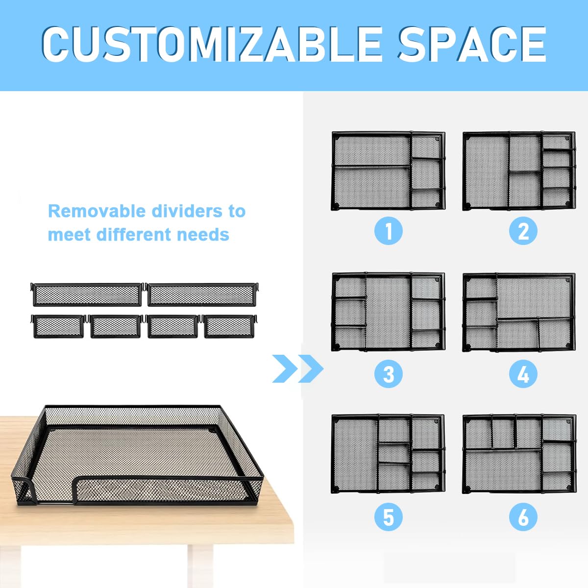 Desk Drawer Organizer Tray for Office and Home with 6 Adjustable Compartments 32x22x4.5cm Metal Mesh Design