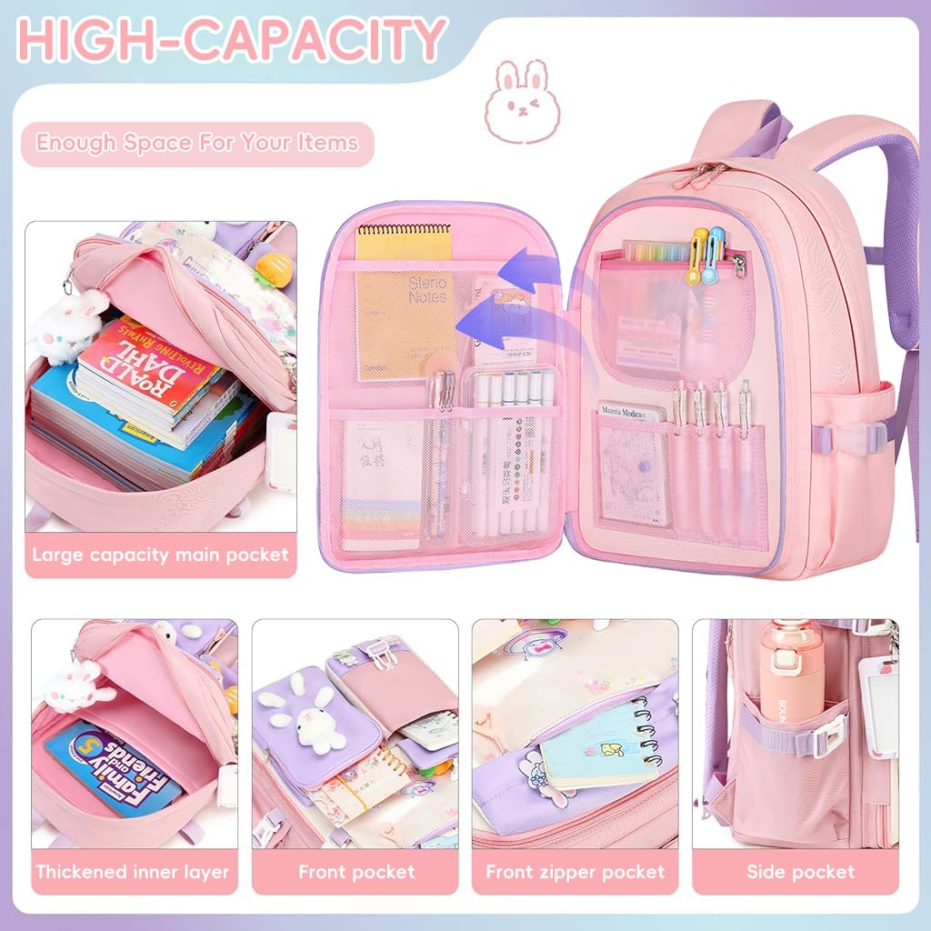 PALAY School Bag for Girls with Lunch Box and Pencil Case Set | Waterproof Pink Bunny Design