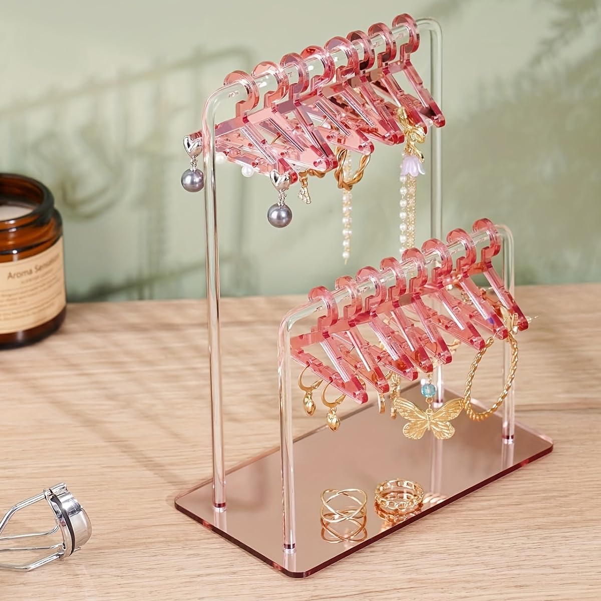 MAYCREATE Earrings Organizer for Women with 16 Mini Hangers and Dual Cross Bar Design | Pink Acrylic Holder for 32 Pairs