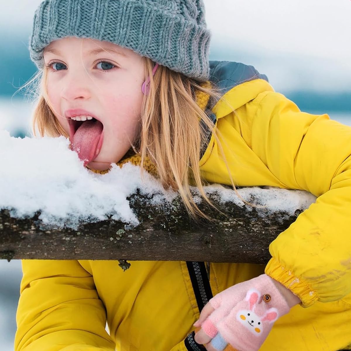 PATPAT Pink Bunny Flip Winter Gloves for Girls 4–12 with Finger Guard Flap | Soft Plush Half Finger Mitts for Outdoor Fun