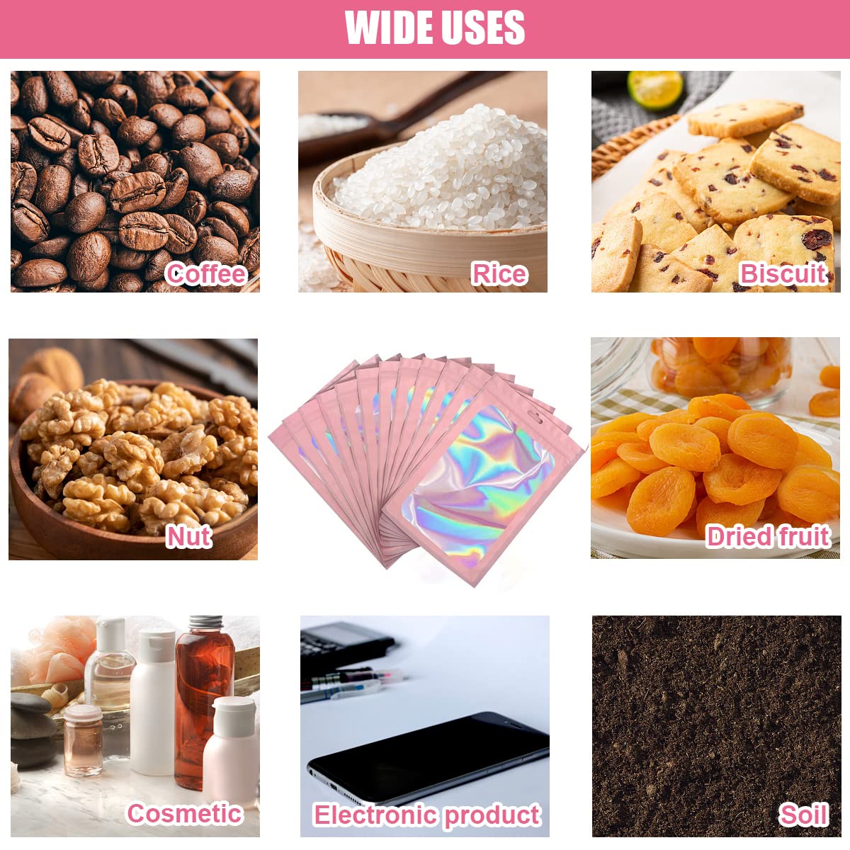 HASTHIP Smell Proof Mylar Bags for Food and Jewelry Storage 100 Pcs 10x18cm | Pink Resealable Ziplock Design