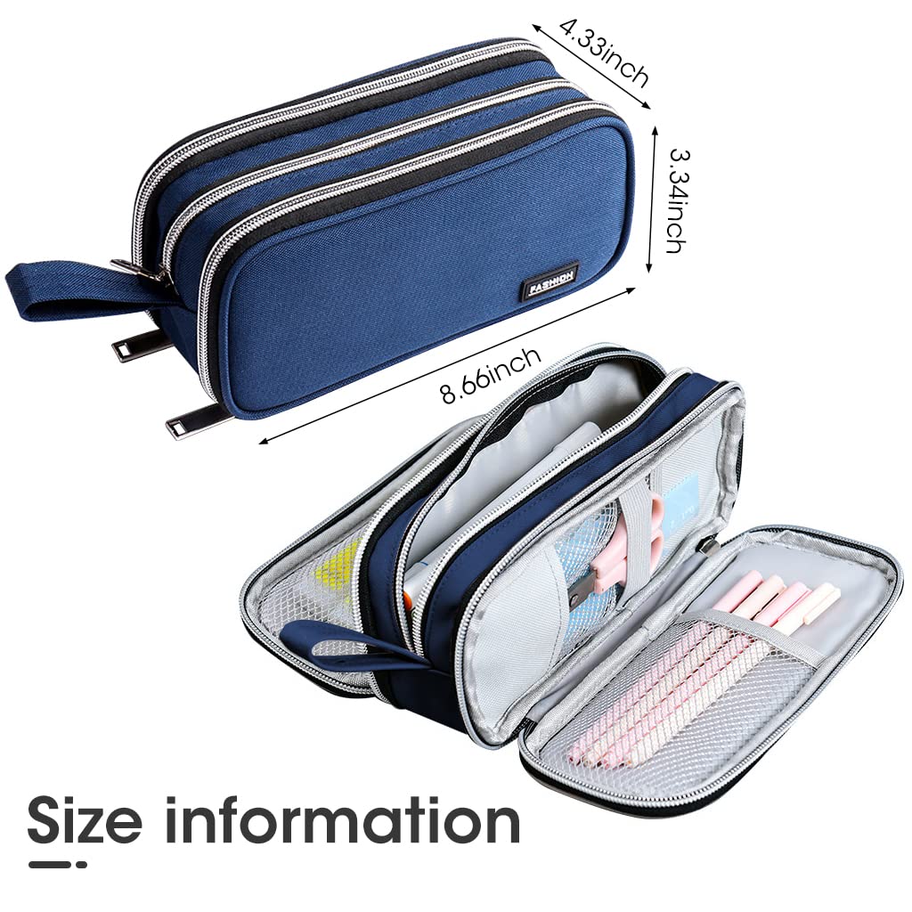 Climberty Large Capacity Pencil Case, 3 Layers of Storage 3 Metal Zippers, Portable Durable Pen Pencil Case with Handle, Aesthetic Pencil Case for School Supplies Office Teen Girls Adults (Blue)