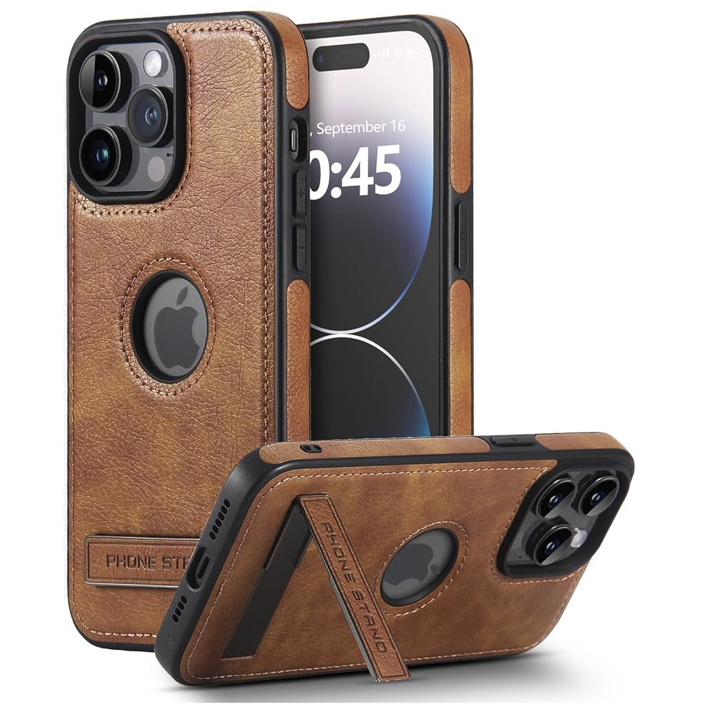 Zeitel® Phone Case for iPhone 15 Pro Max Sleek Brown Leather Phone Case with Metal Kickstand Enhanced Camera Protection iPhone Phone Case Anti-Scratch Leather Phone Case for iPhone 15 Pro Max 6.7''