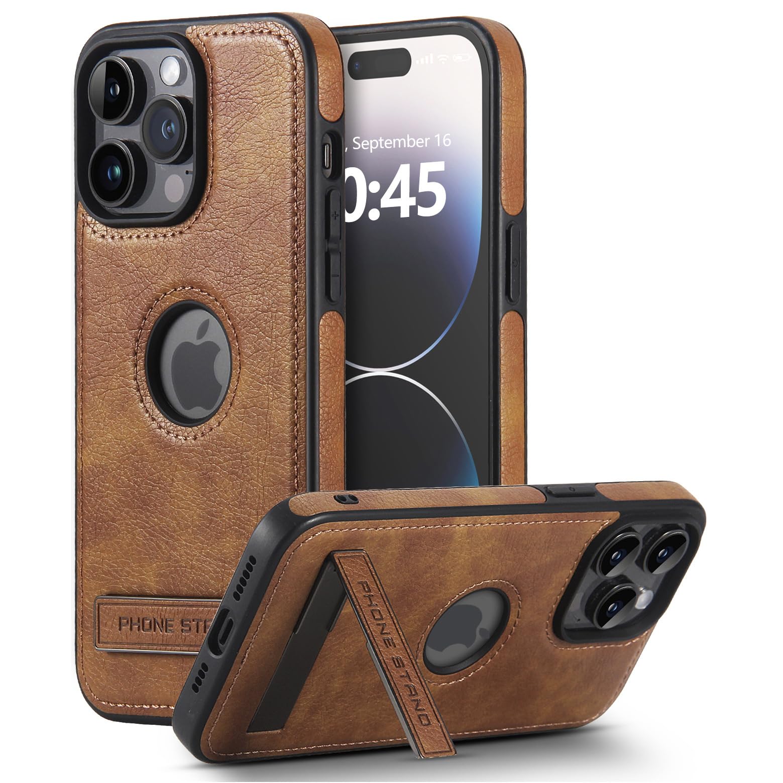 Zeitel Phone Case for iPhone 15 Pro Max with Metal Kickstand and Camera Guard | Brown PU Leather 6.7 in Cover