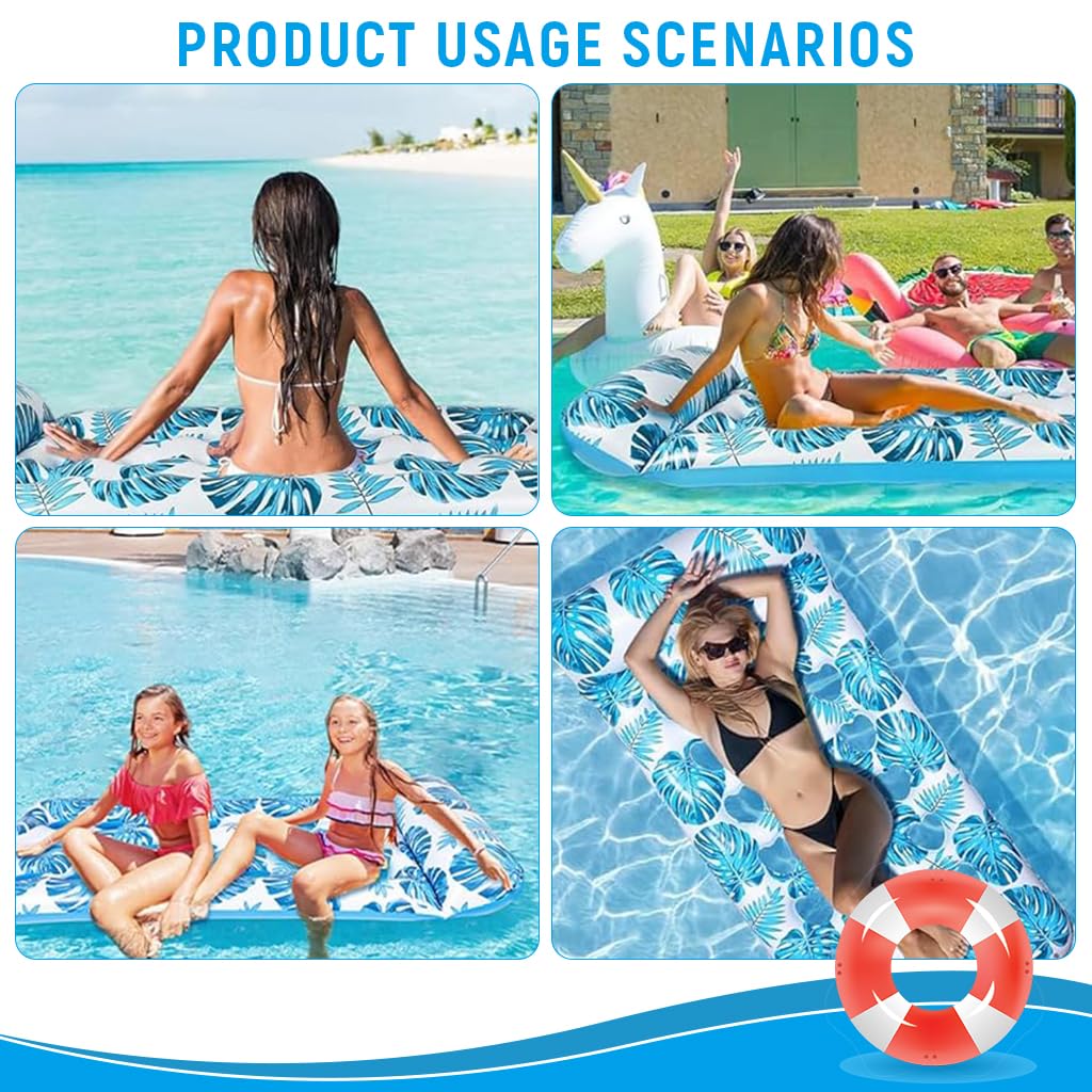 Proberos Inflatable Pool Lounger for Adults 123x120cm with Ergonomic Headrest & PVC Mesh Seat | Blue Floating Chair for Sunbathing