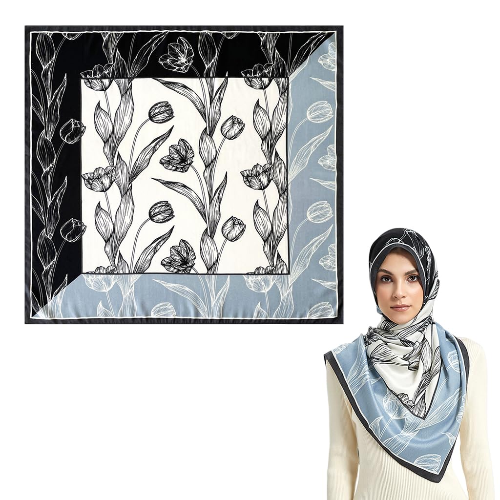 Venzina® Women Square Scarf Head Scarf for Women Blue Floral Print Square Fleece-like Texture Comfy Pillow Cover Silk Square Scarf, 35in Square Scarf Headscarf Wraps Mother's Day Gift