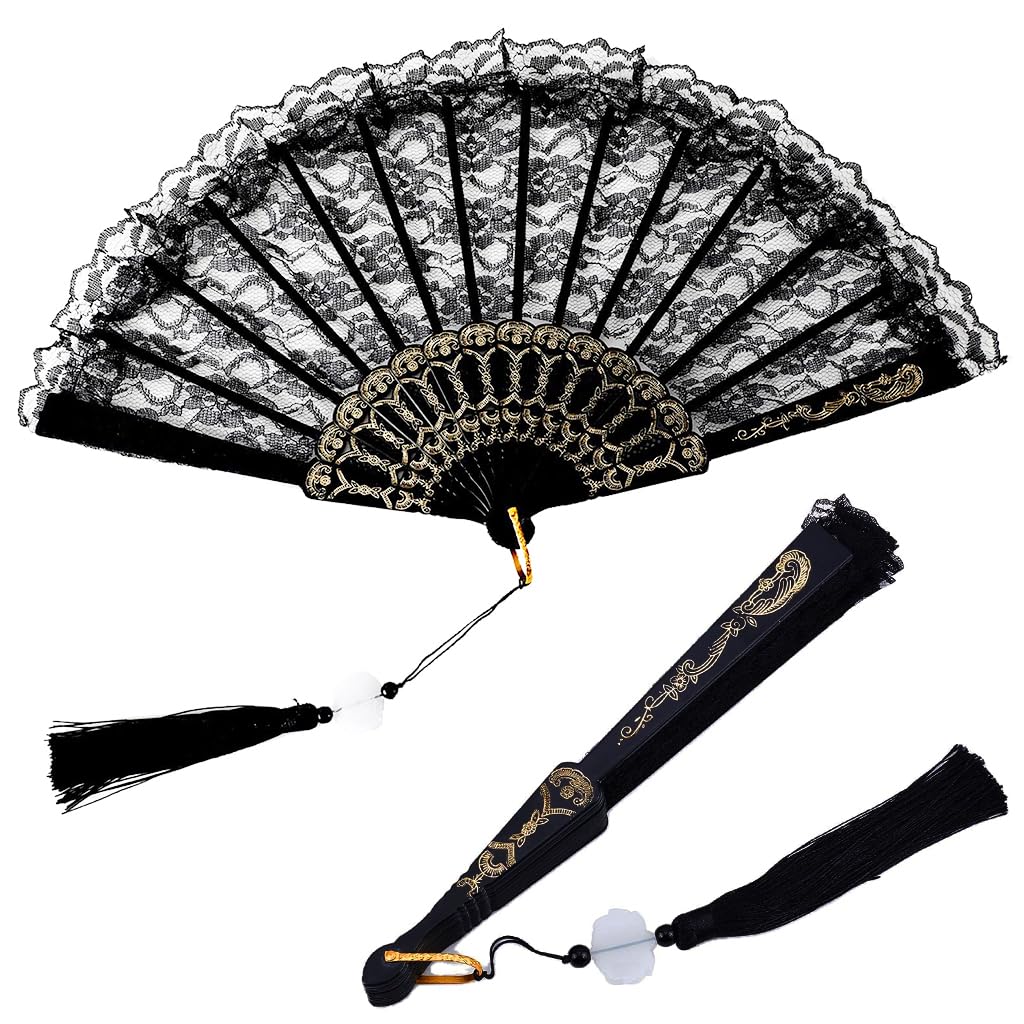 HASTHIP® Hand Fan Chinese Fan Hand Fan Black Lace Tassel Fan Chinese Fan Vintage Folding Hand Fan Gift for Ladies