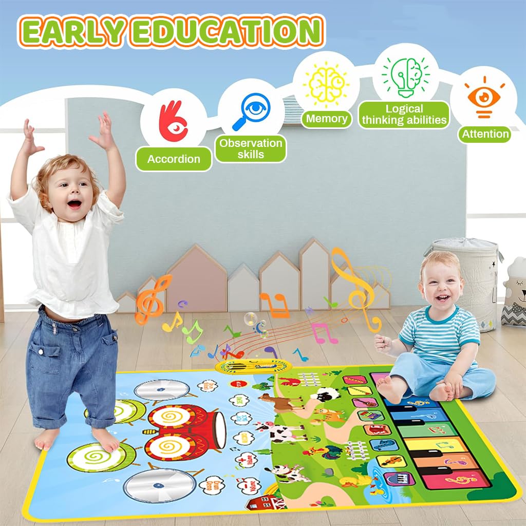 PATPAT 2 in 1 Drum & Piano Keyboard Musical Mat with Touch Sensitive Design 90×70CM for Toddlers | Ecofriendly Foldable Baby Music Toy
