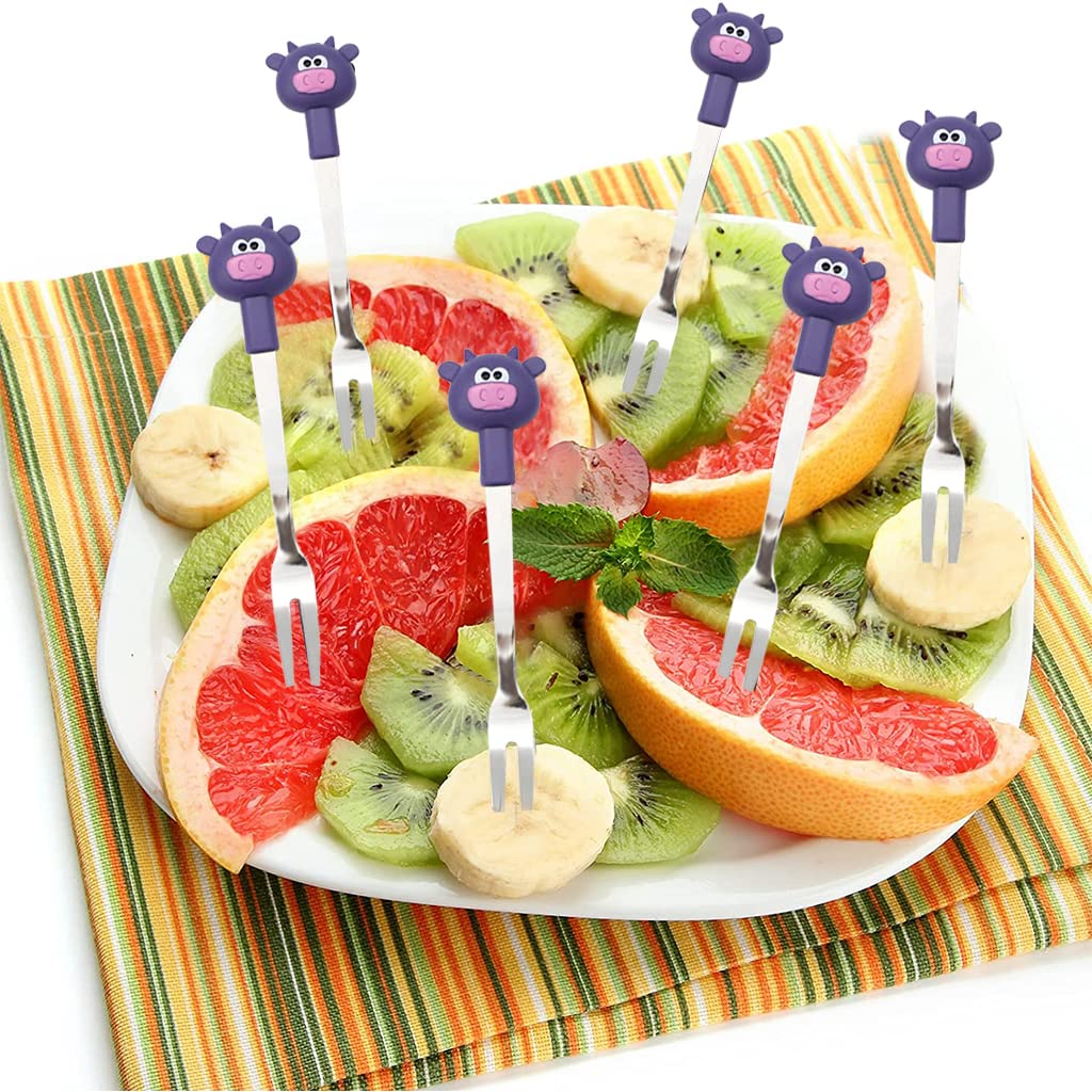 HASTHIP Food Fruit Forks for Kids with Cute Cow Handle 6pcs 4.65in Stainless Steel | Reusable Dessert Fork Set