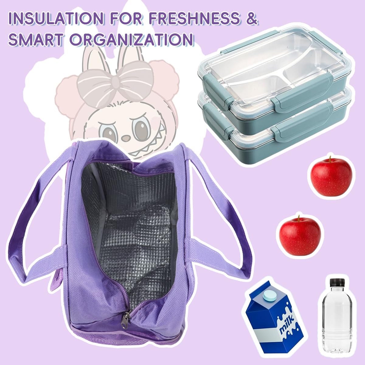 HASTHIP Kids Lunch Bag for School and Picnic with Insulated Waterproof Nylon 23x13x23cm | Cute Cartoon Design and Extra Pockets