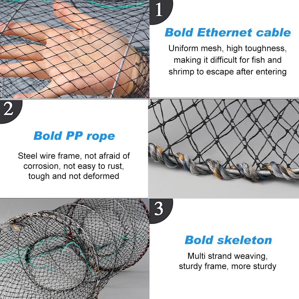 Proberos Fishing Net for Crabs Shrimps and Fish with Spiral Steel Frame 15.7x31 in Nylon Mesh