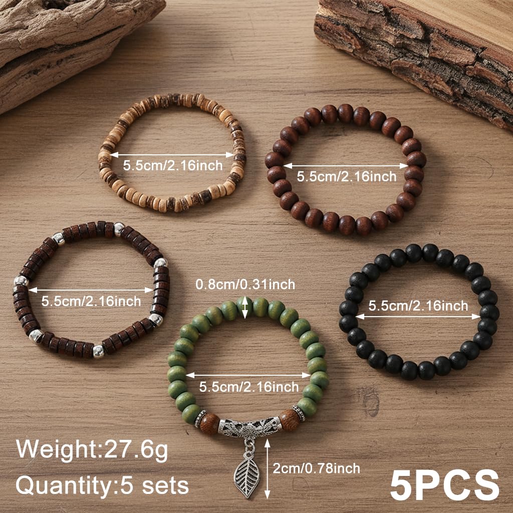 GUSTAVE Multi Layer Beaded Bracelet Set for Daily Wear with Wooden Beads and Alloy Charms | 5 Piece Boho Jewelry for Men and Women