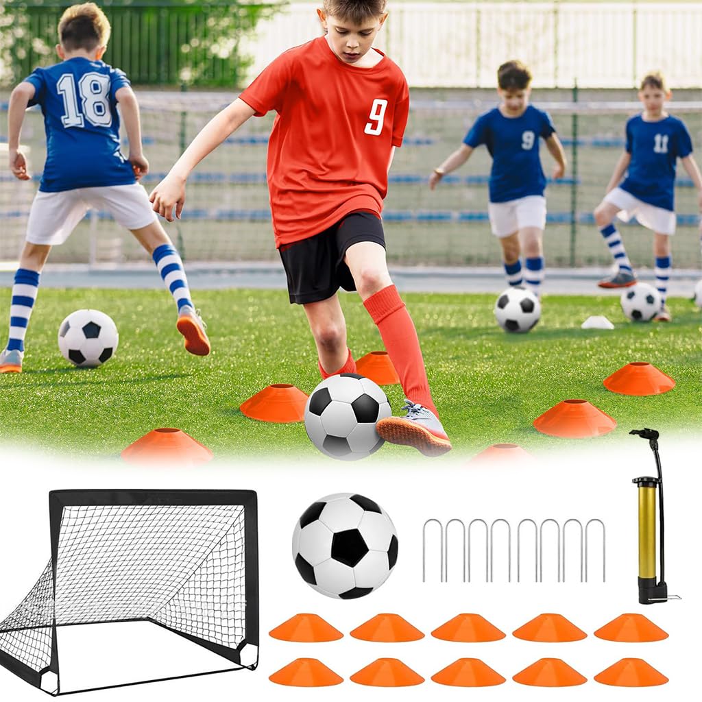 Proberos Football Goal Net Kit for Kids with Inflatable Ball and 47x37x35 in Frame | Portable Training Set