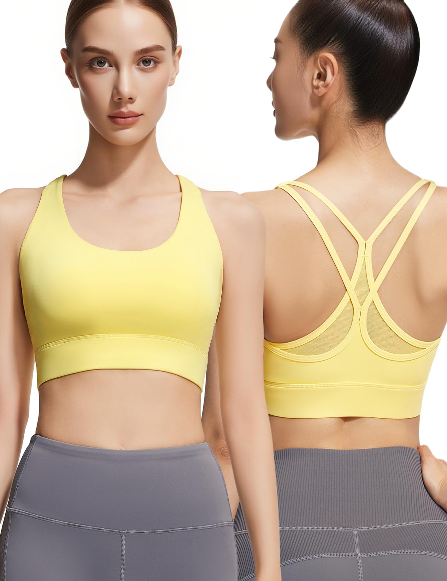 Venzina Women’s High Support Sports Bra for Gym and Running with Criss Cross Back | Yellow Quick Dry Mesh Workout Top