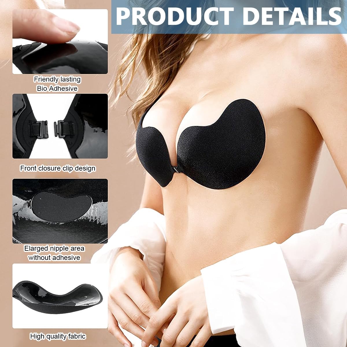MAYCREATE Silicone Stick On Bra for Backless Dress featuring 3D Push Up Cups in Black | Reusable