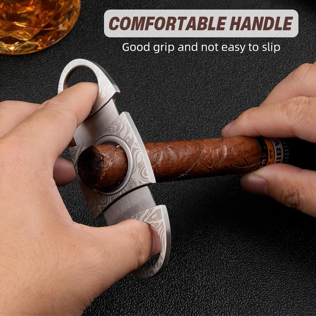 HASTHIP Cigar Cutter with Double Stainless Steel Blades and PU Pouch | Silver Etched Design