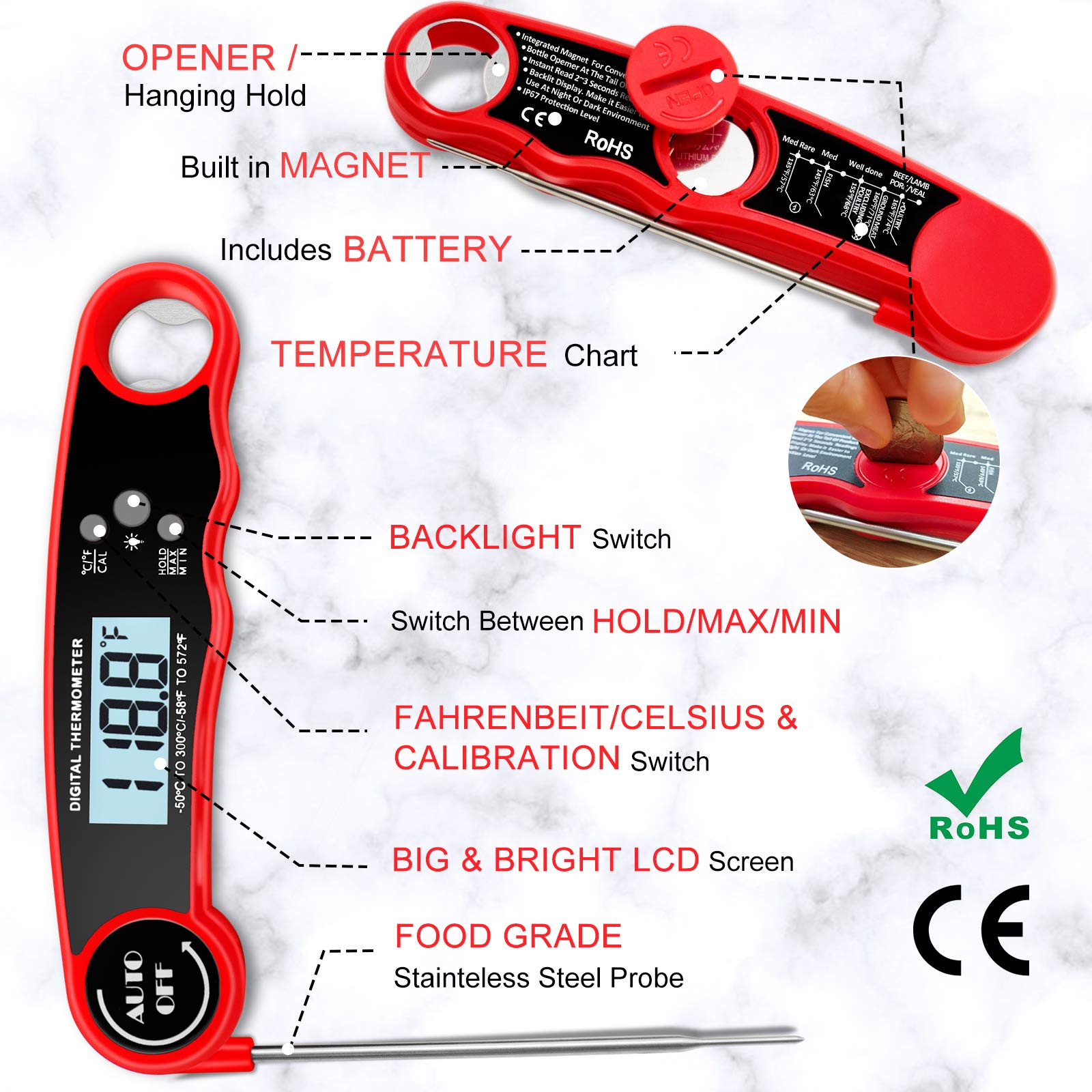 ZIBUYU  Food Thermometer with Instant Read Food Thermometer with Backlight & Calibration Function, IP67 Waterproof Fast Digital Cooking Thermometer for Candy Beef BBQ Grilling Baking