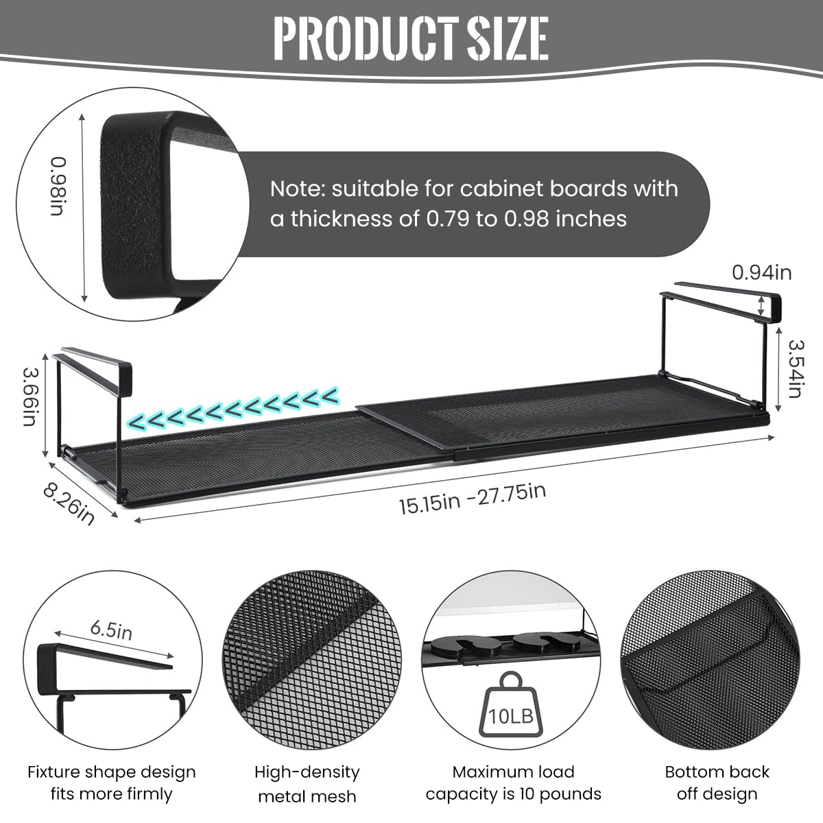 HASTHIP Retractable Under Cabinet Shelf for Kitchen Storage with Slide Hanging Design 38–70cm Metal Rack 3PCS