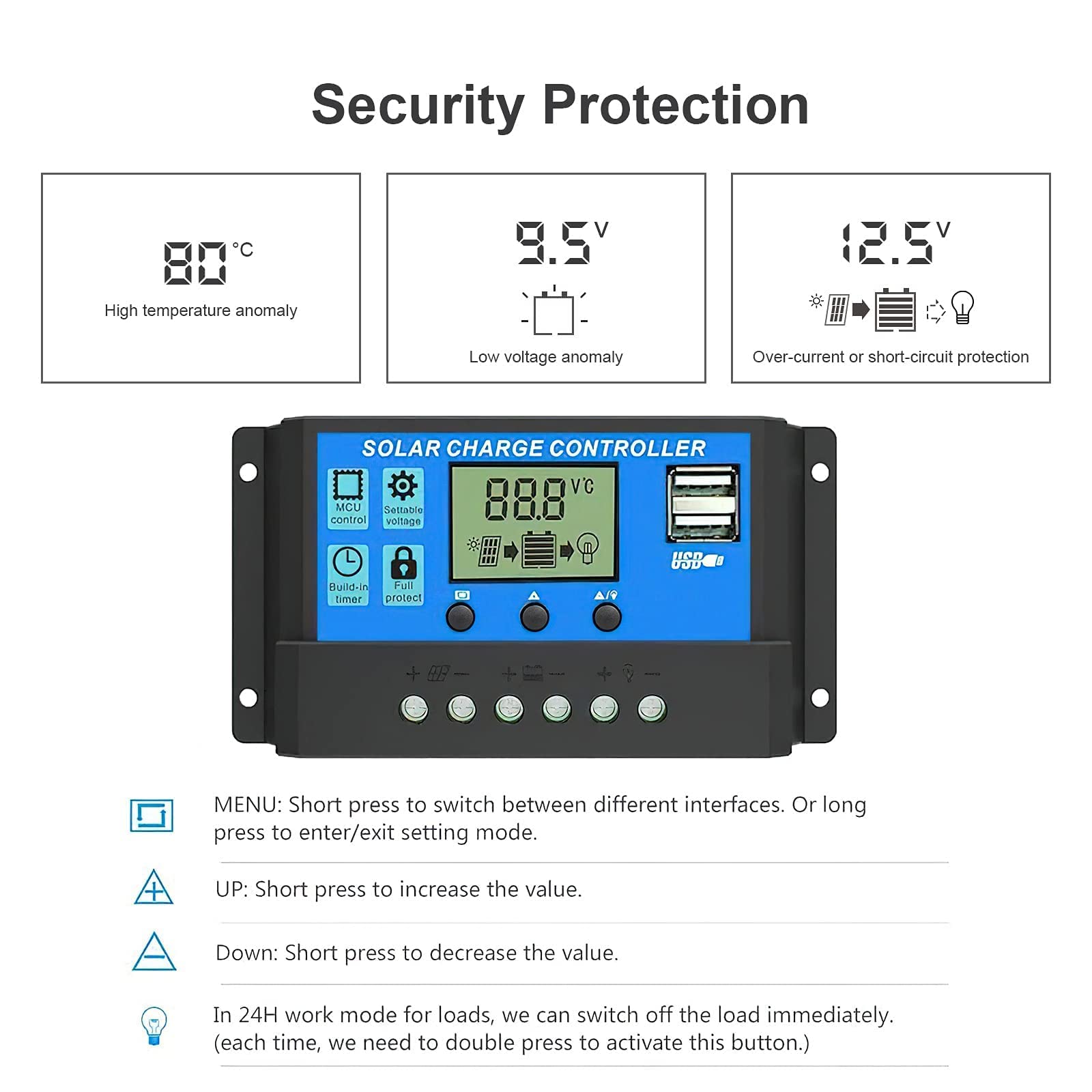 Verilux 20A 12V/24V Solar Charge Controller Solar Panel Controller Intelligent Regulator with Dual USB Port 5V Light Timer Control LCD Display